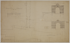 216736 Plattegrond, doorsnede en opstanden van het ontwerp voor de verbouwing van de Tolsteegpoort te Utrecht; met ...